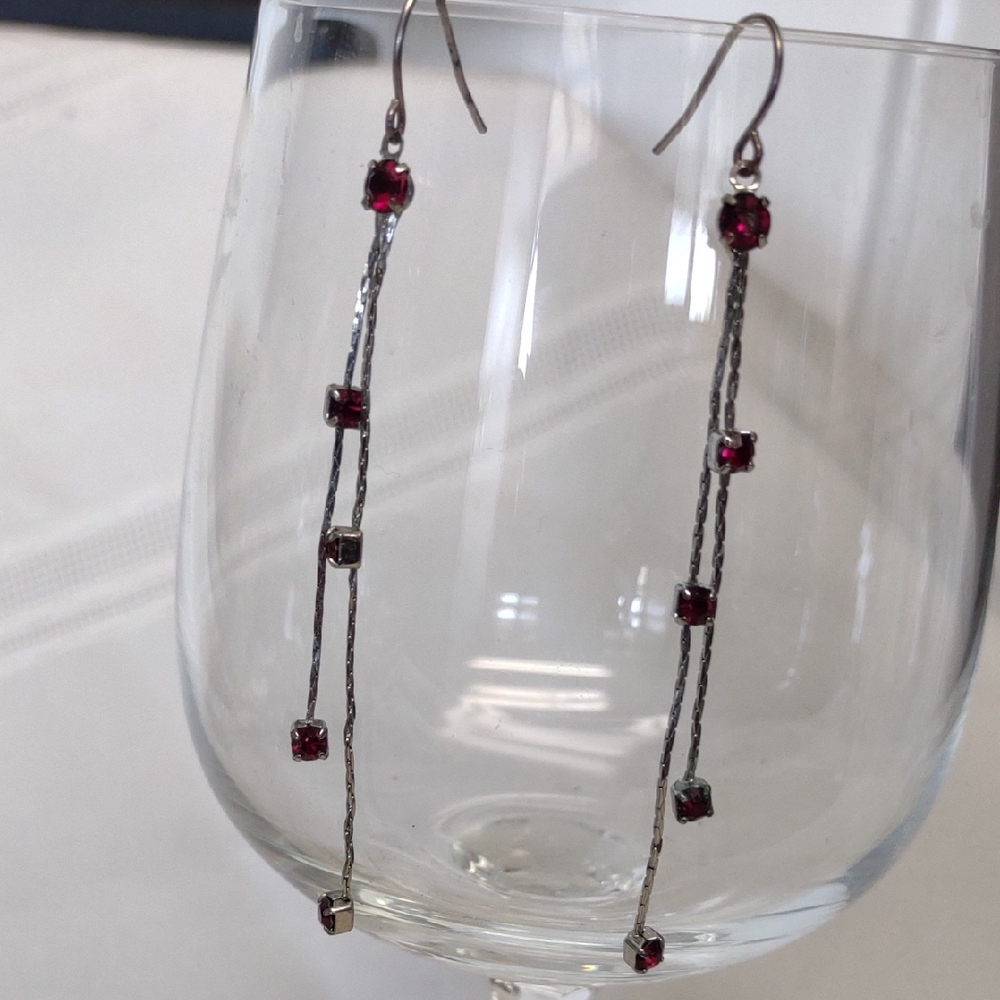 Silver Tone and Red Dangle Earrings